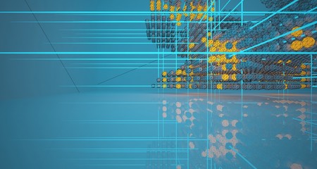 Abstract architectural drawing white interiorfrom an array with color gradient neon lighting. 3D illustration and rendering.
