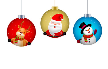 Cute Christmas characters design in Christmas ball, Santa Claus, Snowman and Reindeer. Holly jolly, Merry Christmas and Happy new year concept. Vector illustration isolated on white background.