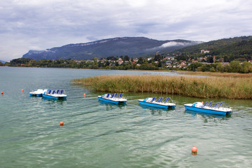 Fototapeta na wymiar summer boats end season on lake bourget alps french mountain tourism travel vacation aix les bains town france
