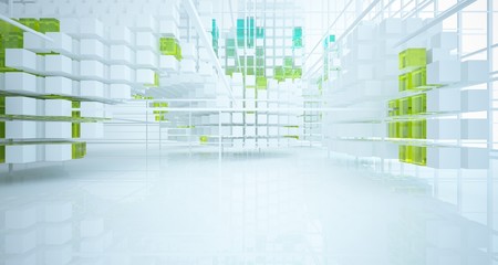 Abstract white and colored gradient glasses interior from an array of cubes with window. 3D illustration and rendering.