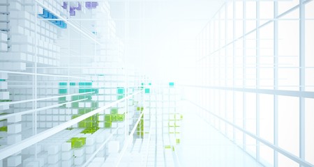 Obraz premium Abstract white and colored gradient glasses interior from an array of cubes with window. 3D illustration and rendering.