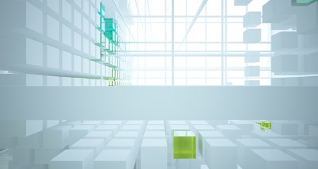 Abstract white and colored gradient glasses interior from an array of cubes with window. 3D illustration and rendering.