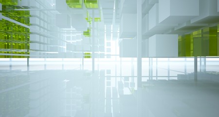 Obraz premium Streszczenie białe i kolorowe szkło gradientowe wnętrze z tablicy kostek z oknem. Ilustracja i renderowanie 3D.