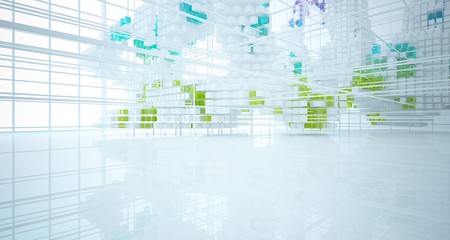 Abstract white and colored gradient glasses interior from an array of cubes with window. 3D illustration and rendering.