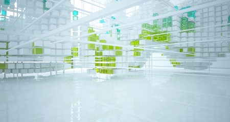 Abstract white and colored gradient glasses interior from an array of cubes with window. 3D illustration and rendering.