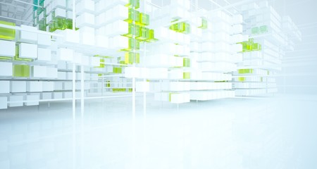 Obraz premium Abstract white and colored gradient glasses interior from an array of cubes with window. 3D illustration and rendering.