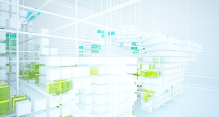 Abstract white and colored gradient glasses interior from an array of cubes with window. 3D illustration and rendering.