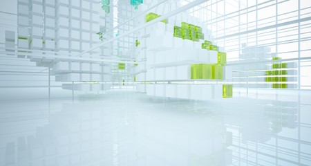Abstract white and colored gradient glasses interior from an array of cubes with window. 3D illustration and rendering.