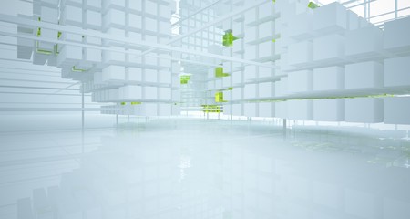 Obraz premium Abstract white and colored gradient glasses interior from an array of cubes with window. 3D illustration and rendering.
