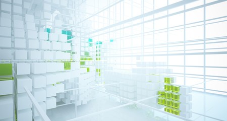 Abstract white and colored gradient glasses interior from an array of cubes with window. 3D illustration and rendering.