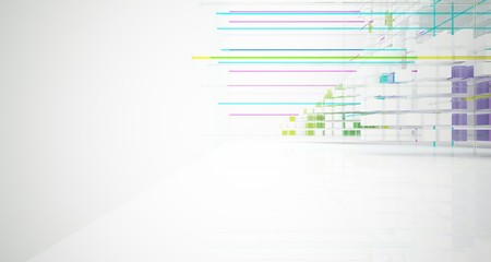 Abstract white and colored gradient glasses interior from an array of cubes with window. 3D illustration and rendering.