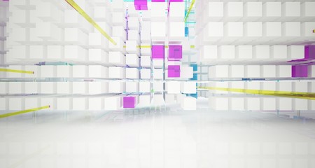 Abstract white and colored gradient glasses interior from an array of cubes with window. 3D illustration and rendering.