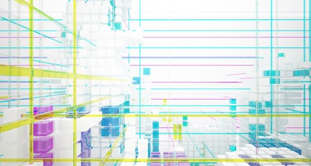 Obraz premium Abstract white and colored gradient glasses interior from an array of cubes with window. 3D illustration and rendering.