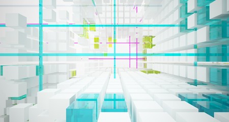 Abstract white and colored gradient glasses interior from an array of cubes with window. 3D illustration and rendering.