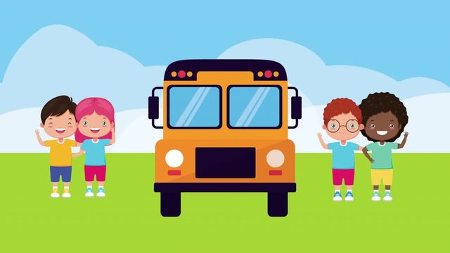 interracial little kids friends with bus school