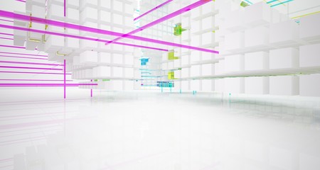 Abstract white and colored gradient glasses interior from an array of cubes with window. 3D illustration and rendering.