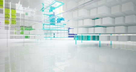 Abstract white and colored gradient glasses interior from an array of cubes with window. 3D illustration and rendering.