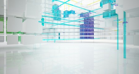 Abstract white and colored gradient glasses interior from an array of cubes with window. 3D illustration and rendering.
