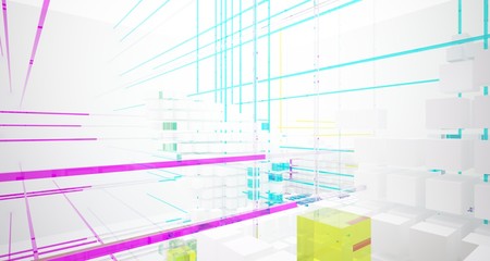 Abstract white and colored gradient glasses interior from an array of cubes with window. 3D illustration and rendering.