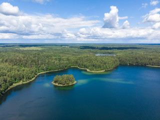 Beautiful view of Sapsho lake in summer , Smolensk region, Russia. Drone shooting
