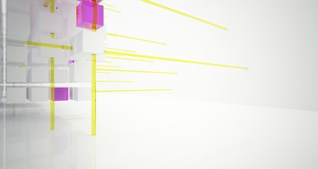 Abstract white and colored gradient glasses interior from an array of cubes with window. 3D illustration and rendering.