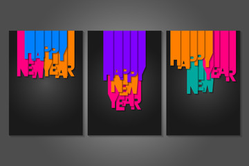 Set of Happy New Year posters with letters cut out of colored paper. Winter holidays greeting or invitation. Vector illustrations on black backgrounds.