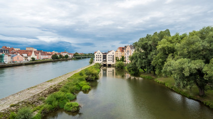 Fototapeta na wymiar Buildings on the Danube river in Regensburg