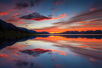 Beautiful views of the lake and the reflection of the sunset sky.