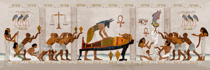 Ancient Egypt. Mummification process. Egyptian gods, mythology. Hieroglyphic carvings. History wall painting, tomb King Tutankhamun Concept of a next world. Anubis and pharaoh sarcophagus