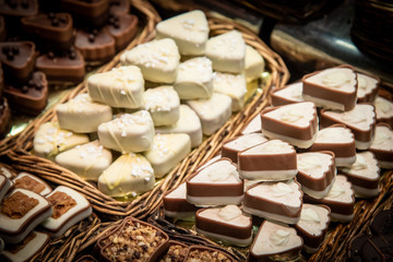 Variation of delicious and tasty sweet bar of chocolates at a chocolate market.