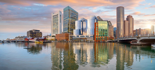 Boston Harbor and Financial District at twilight, Massachusetts