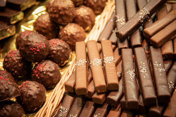 Variation of delicious and tasty sweet bar of chocolates at a chocolate market.