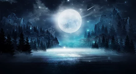 Foto op Plexiglas Lege donkere achtergrond. De gloed van de maan in het bos, maanlicht door de bomen in het bos © MiaStendal