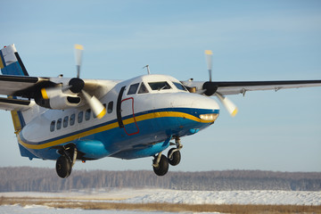 Screw aircraft at the time of take off close-up. Commercial aviation.