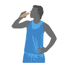 Happy young man eating food after workout outdoors. Fit male runner resting after training session