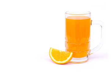 Closeup glass of fresh orange juice with sliced isolated on white background with clipping path. Healthy drinks concept.