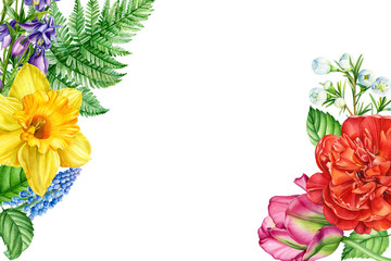 greeting cards with a place for text, wedding invitations, a bouquet of summer flowers on an isolated white background watercolor botanical painting, tulip, narcissus, bells, fern, muscari