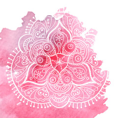 Round gradient mandala on white isolated background. Vector boho mandala in green and pink colors. Mandala with floral patterns. Yoga template