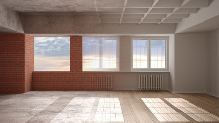 Interior design renovation, before and after, repair and wall painting, parquet flooring, panoramic windows, sunrise sky, steps of development, home renewal concept idea background