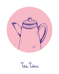 Kettle. Tea time. Vector illustration. Hand drawn image isolated on a white background.