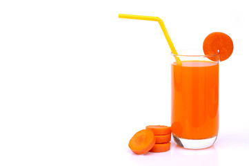 Glass of fresh carrot juice with carrot sliced isolated on white background. Healthy drinks concept.Copy space for text and content.