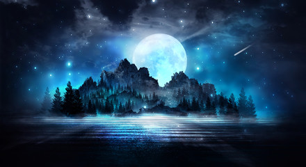 Empty dark background. The glow of the moon in the forest, moonlight through the trees in the forest. 3D illustration