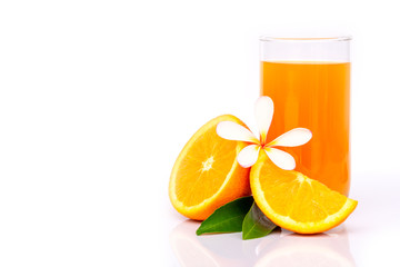Closeup glass of fresh orange juice and  orange fruit sliced with green leaf isolated on white background.