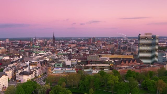 city of hamburg timelapse day to night pan aerial view