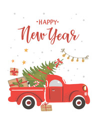 Christmas red truck with a Christmas tree