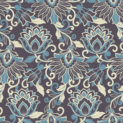 Floral vector seamless pattern. Fantastic flower, leaves. Textile bohemian print. Batik painting. Vintage