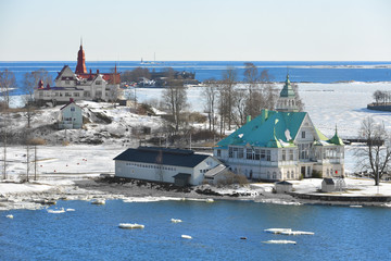 Valkosaari, small island. Big white wooden pavilion with its green roof was designed in 1900....