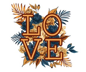 The word "love", lined with flowers and leaves.  Valentines day greeting card. All you need is love quote with hand drawn flowers and lettering.
