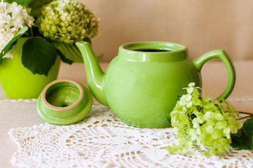Horizontal photography in rustic or shabby chic style. Green teapot on a carved white napkin with hydrangea flowers and on a background of green flowers in a long planters
