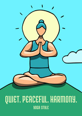 Woman sitting at a Lotus pose and meditate for YOGA DAY event. Beautiful colorful poster design with encouragement caption.